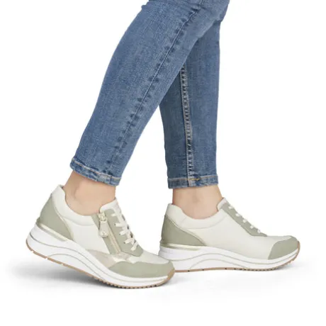 Remonte White and Sage Wide Fit Wedge Trainer|D0T0182